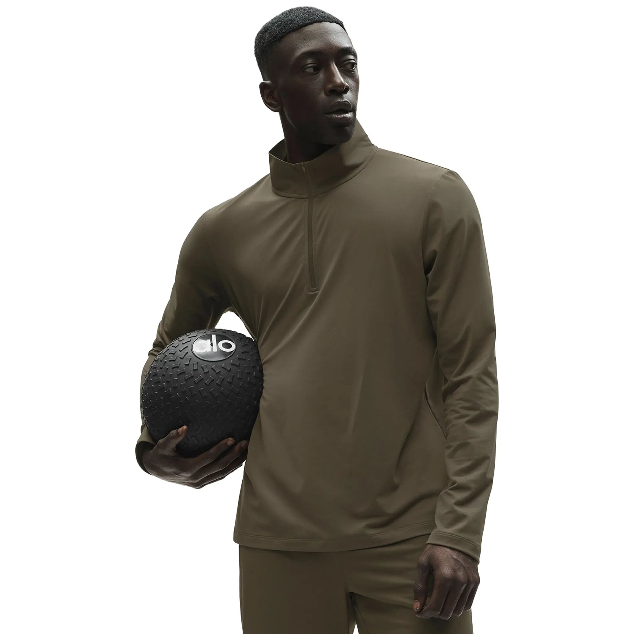 Front View of Alo Yoga Conquer Reform Olive Tree L/S 1/4 Zip